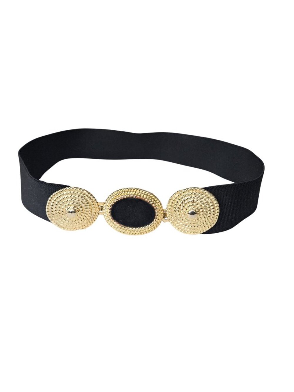 Vintage 1980's Gold Tone Buckle Black Elastic Stretch Belt Medium Large 34"